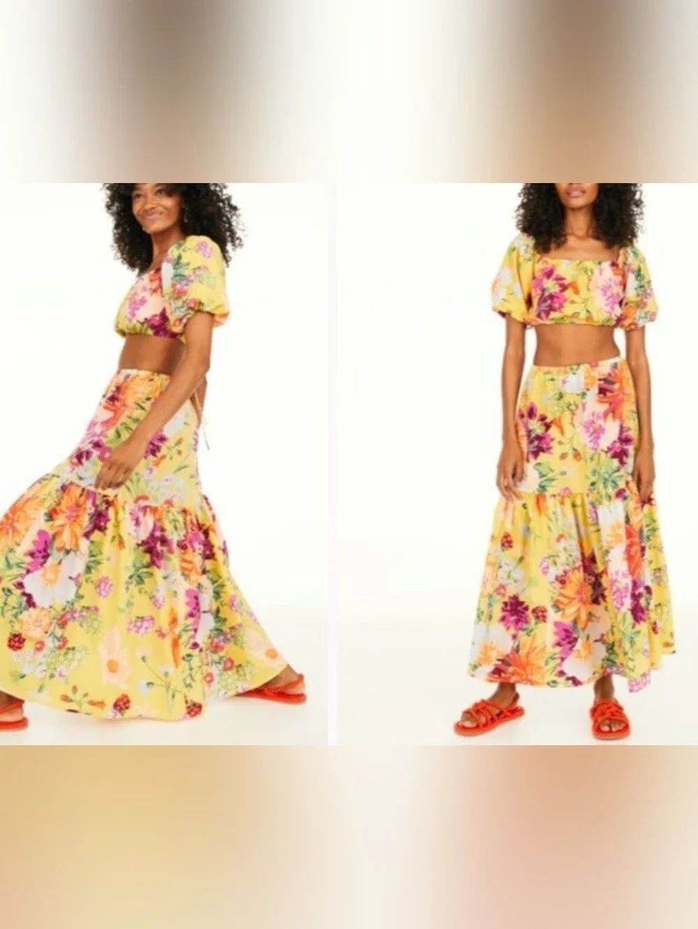 H&M Vibrant Yellow Floral Maxi Skirt and Crop Top Set with Pink & Orange Blooms